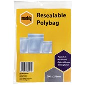 MARBIG PLASTIC BAG RESEALABLE 45MU W200 X L255MM CLEAR WITH WRITING PANEL PACK 25