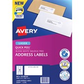 AVERY 959029 L7159 ADDRESS LABELS QUICK PEEL 24UP W64 X L338MM WHITE PACK 100