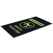 CENTURY PILE PREPRINTED MAT WATCH YOUR STEP W1500 X L850MM BLACK AND GREEN FLURO